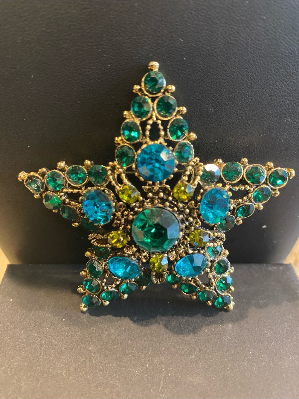 Green and Blue Starburst Rhinestone Brooch